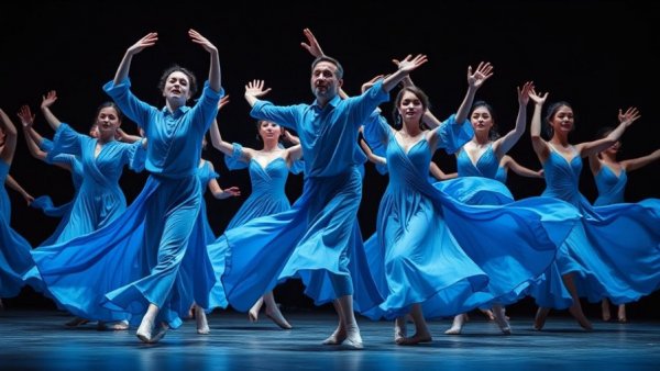 Sa Dance Company NJ performance with expressive dancers in blue.