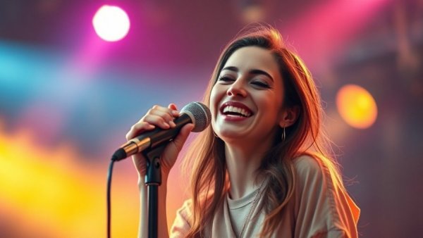 Joyful female singer performing on stage in New Jersey arts scene.