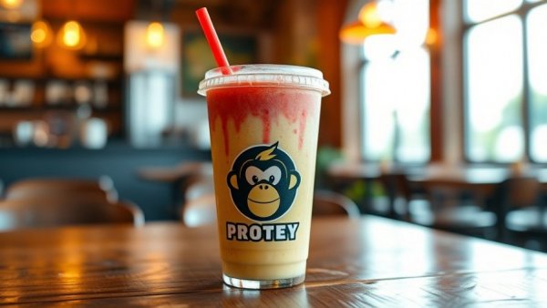 Protein shake cup at NJ restaurant opening with monkey logo.