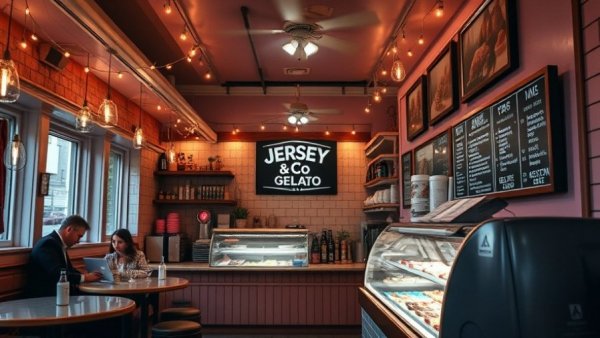 Jersey & Co Gelato shop interior with warm lights and counter.