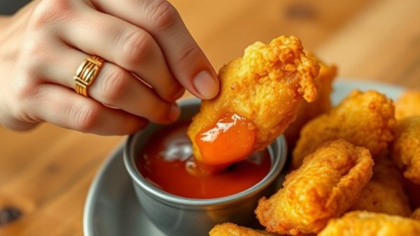 Close-up of fritter dipping into sauce at New Jersey restaurant.