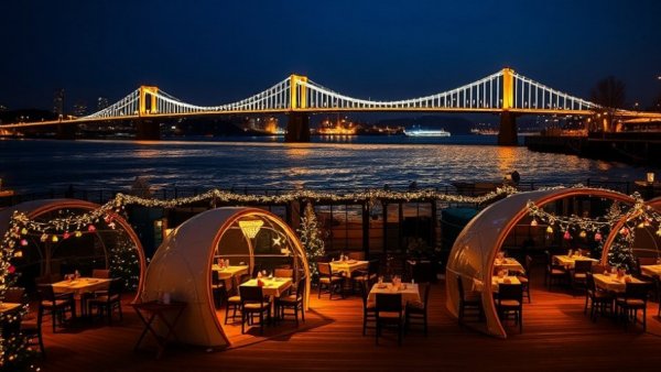 New Jersey restaurants holiday decor with lighted igloos and waterfront view.