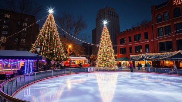 Newark Winter Village holiday events with ice rink and Christmas tree.