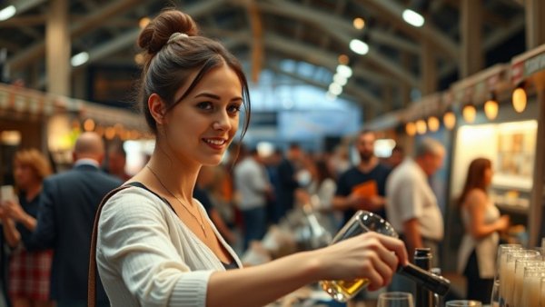 Young woman pouring wine at Jersey City Wine Fest event indoors.