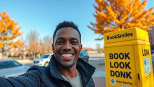 Man smiling near New Jersey book bank donation bin in autumn setting.