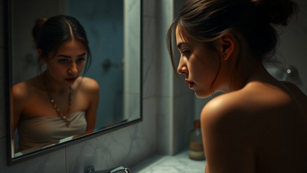 Young woman in a bathroom, reflection in mirror, New Jersey holiday movie releases.