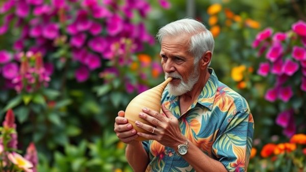 Elderly man plays conch shell in garden, vibrant setting. Steve Turre Conch Shell Jazz.