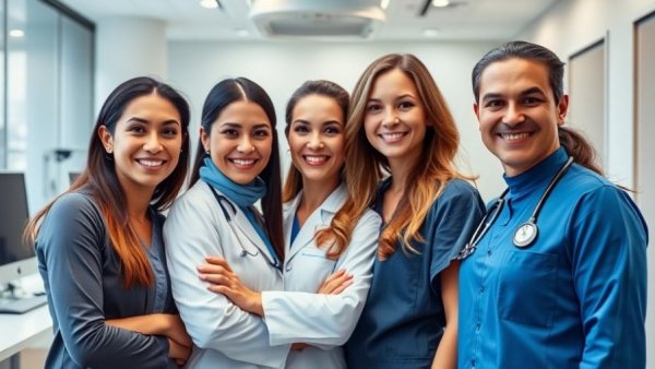 Plastic surgery team highlighting benefits in medical office.