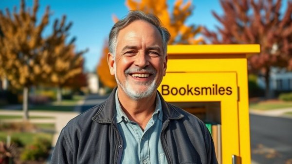 Man smiling near a yellow New Jersey book donation box on a sunny day.