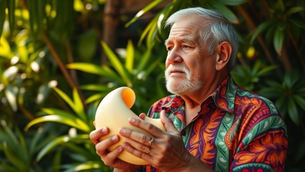 Older man in patterned shirt playing conch shell jazz outdoors