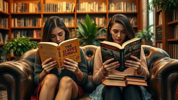 Two women in a cozy bookstore, reading books with hidden smiles.