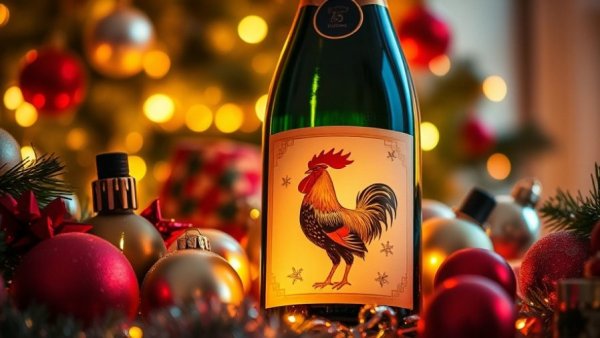 New Jersey-made sparkling wine bottle with holiday ornaments.