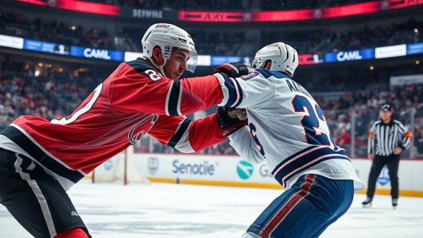 New Jersey Devils player in an intense hockey fight.