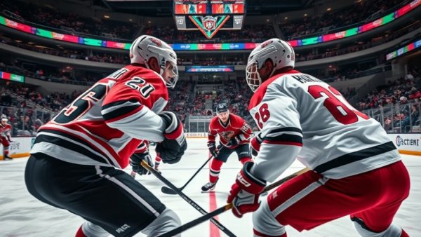 Intense face-off during New Jersey Devils game, dynamic action.
