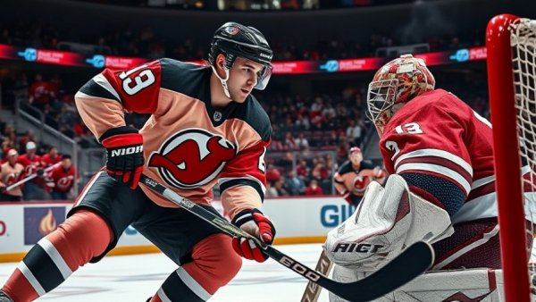 New Jersey Devils player in action against opposing goalie, intense game scene.