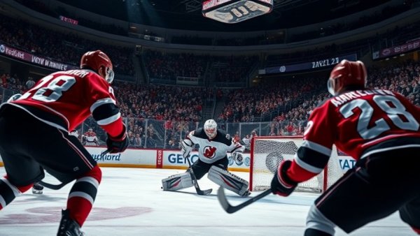 New Jersey Devils goalie making a save during a game.