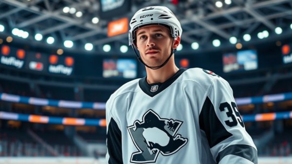 Utica Comets player in jersey on ice rink