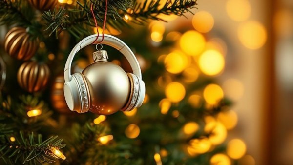 Festive Christmas ornament with headphones on tree for New Jersey Family Christmas Songs.