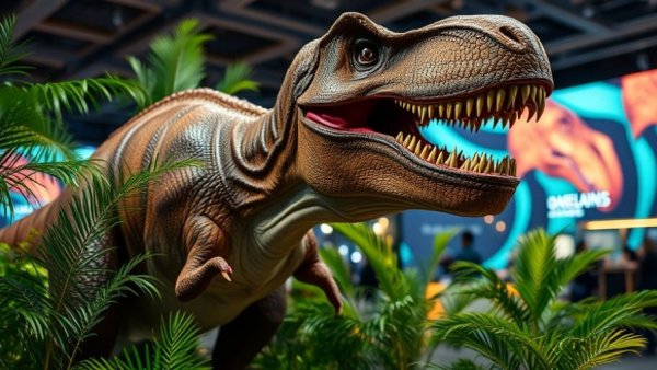 Jurassic Quest New Jersey dinosaur exhibit with T. rex model.