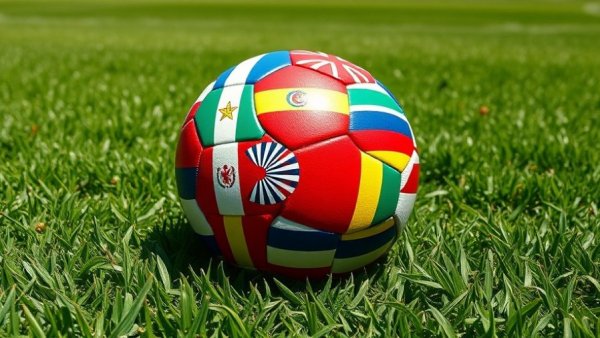 Soccer ball with flags on grass field, affordable World Cup tickets MetLife Stadium.