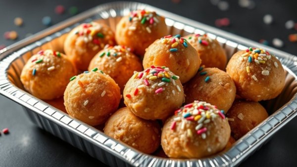 Sicilian struffoli with festive sprinkles in a tray, Christmas tradition.