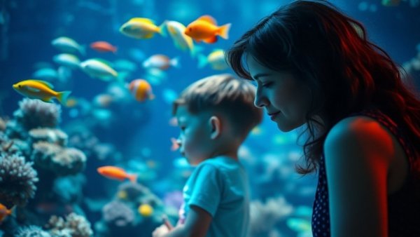 Child and adult at aquarium in New Jersey enjoying experience gifts for kids.