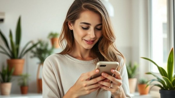 Mother using phone in kitchen, child observing in background, connecting with kids through digital detox.