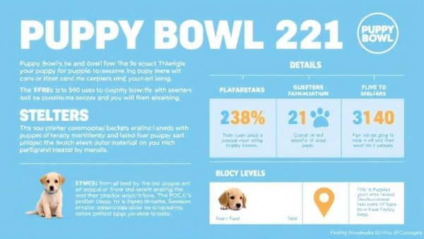 Puppy Bowl 2025 Adoption Times infographic with key details and stats.