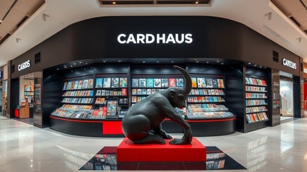 Modern card store display at a mall entrance with collectibles.