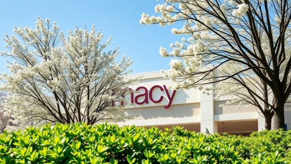 Exterior of Cherry Hill Mall with blooming trees, Macy's sign.