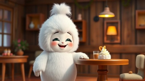Animated character in fluffy costume beside dessert, cozy background.