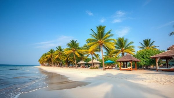 Family-friendly resorts in Cancun with palm trees and cabanas along beach.