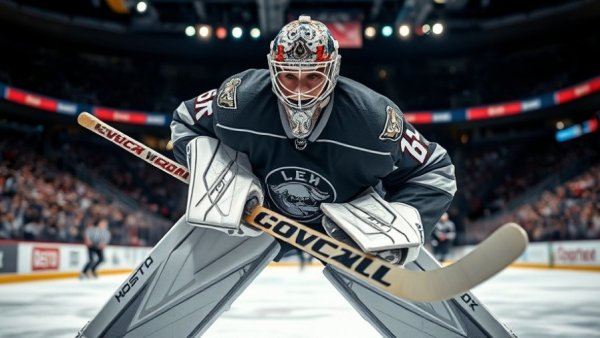 Focused ice hockey goalie during Utica Comets defeat Belleville.