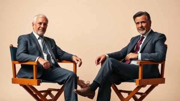 Two distinguished men sitting on directors' chairs, studio portrait.