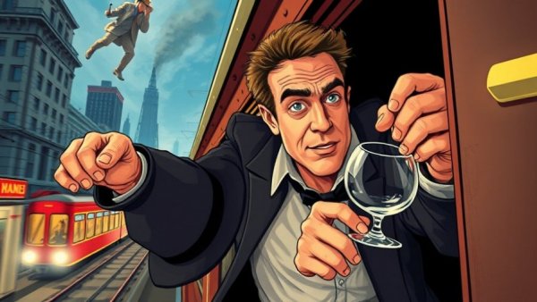 Dramatic theater poster illustrating a scene from 'The 39 Steps' with a man on a train, perfect for New Jersey theater auditions context.