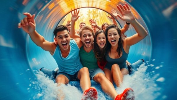 Thrilled friends enjoying an Indoor Water Parks New Jersey ride.