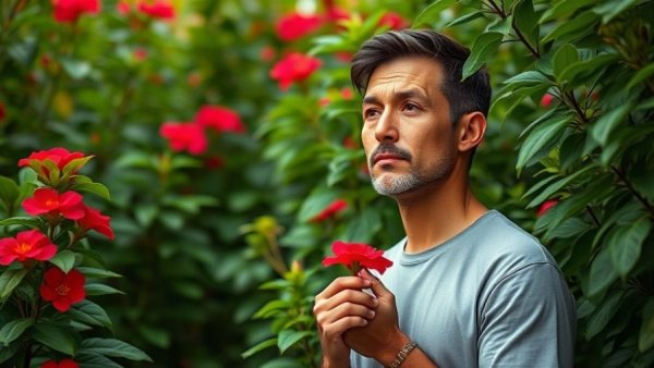 Man with a flower amidst greenery at Light of Day WinterFest 2026.