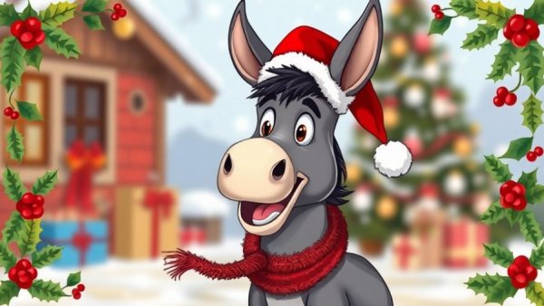 Festive donkey with Santa hat and tinsel scarf, Christmas theme.