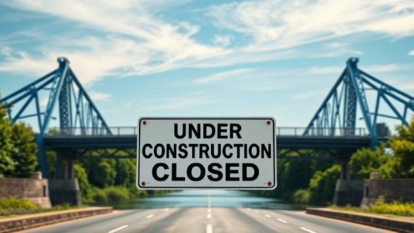 Loveland Town Bridge closure sign, modern steel bridge under construction.