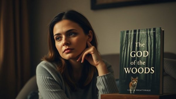 Thoughtful woman beside 'The God of the Woods' cover