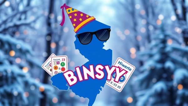 New Jersey silhouette with party hat, sunglasses, bingo cards, snowy forest; January activities in New Jersey.
