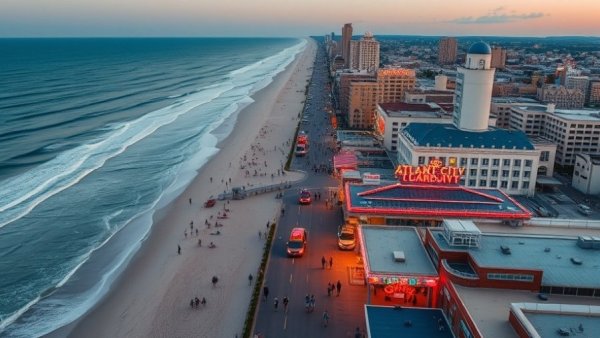 Aerial view of Atlantic City entertainment boardwalk at sunset.