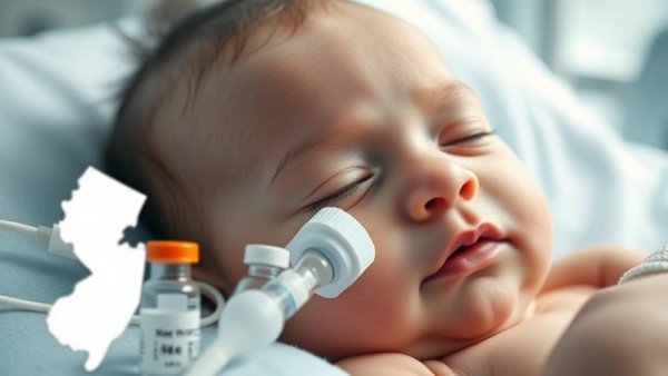 Infant with oxygen mask near New Jersey vaccine bottles, hospital setting.