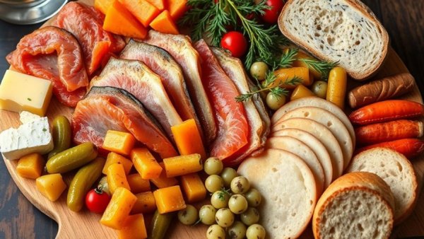 Jewish Deli Feast of the Seven Fishes platter with assorted fish and sides.