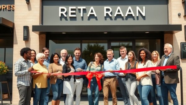 People at NJ restaurant opening holding a red ribbon during ceremony.