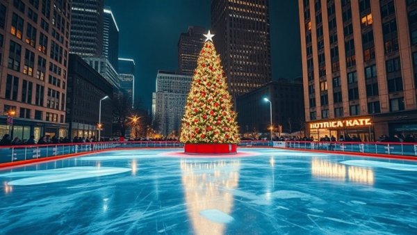 Newark winter wonderland ice rink and Christmas tree at night
