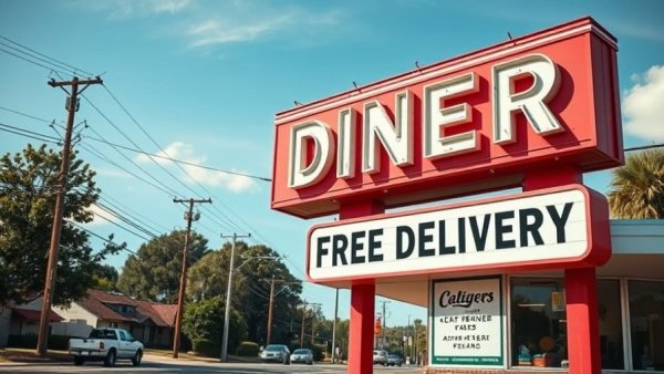 Retro diner sign in New Jersey advertising catering and delivery.