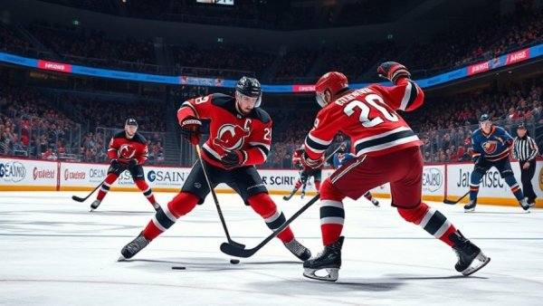 New Jersey Devils news: Intense hockey action scene on the ice.