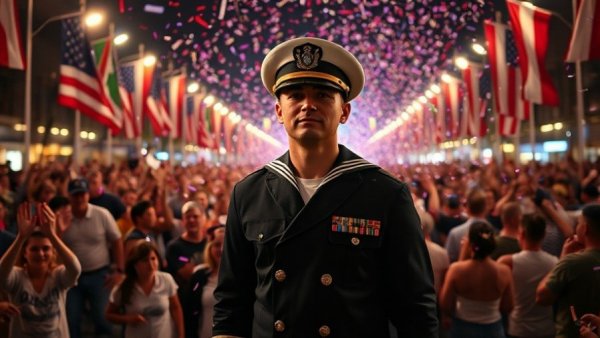 Navy officer saluting at joyous New Jersey family events celebrations nighttime with confetti.