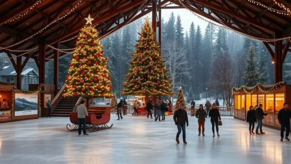 Festive Christmas scene at Mohonk Mountain House with ice rink.
